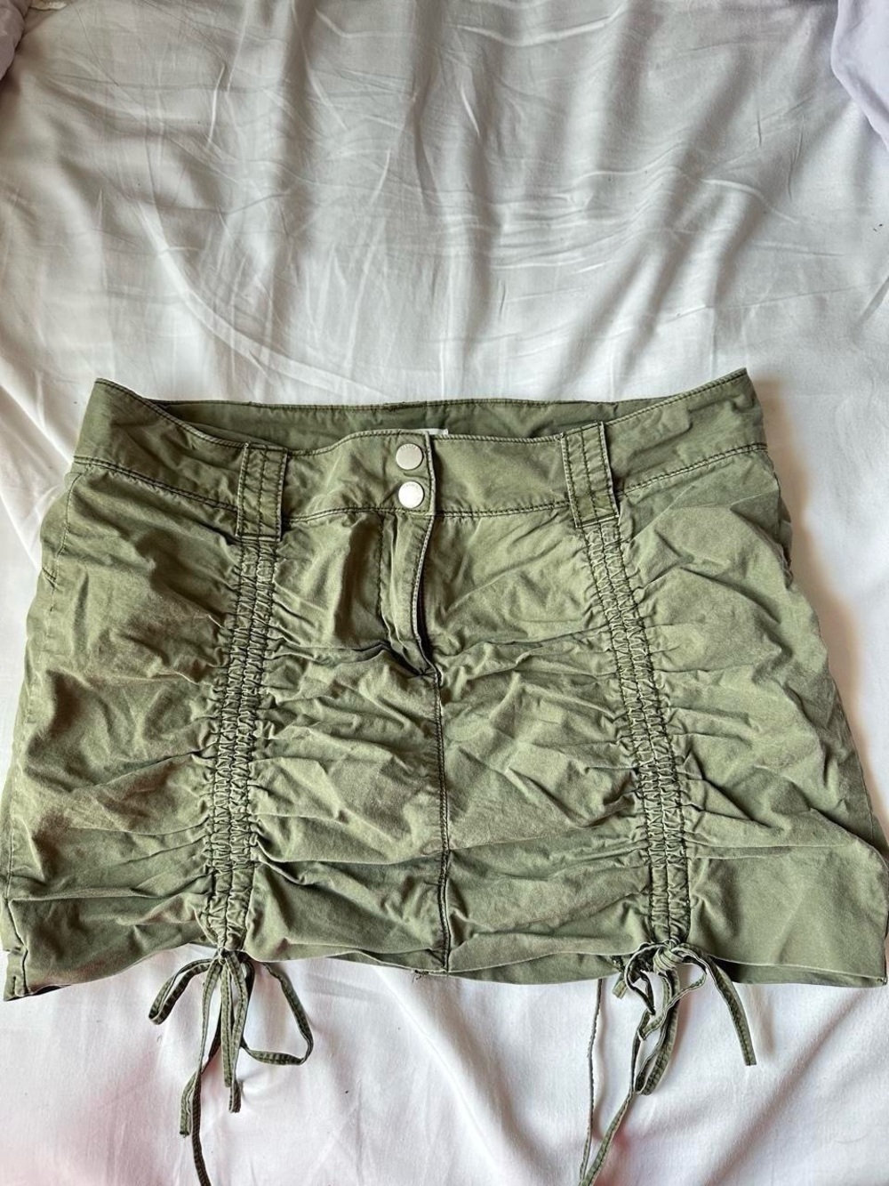 Garage Olive Green Ruched Drawstring Mini Skirt